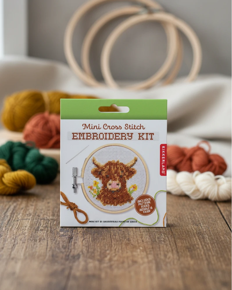 Kikkerland Highland Cow Mini Cross Stitch Embroidery Kit