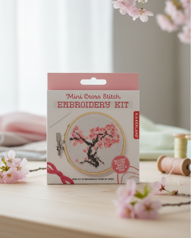 Kikkerland Sakura Mini Cross Stitch Embroidery Kit - Unique Bunny